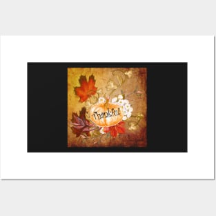 Thanksgiving Autumn Gifs, Quote Thankful Colorful Leaves & Pumpkin Home Décor Hostess Gifts Posters and Art